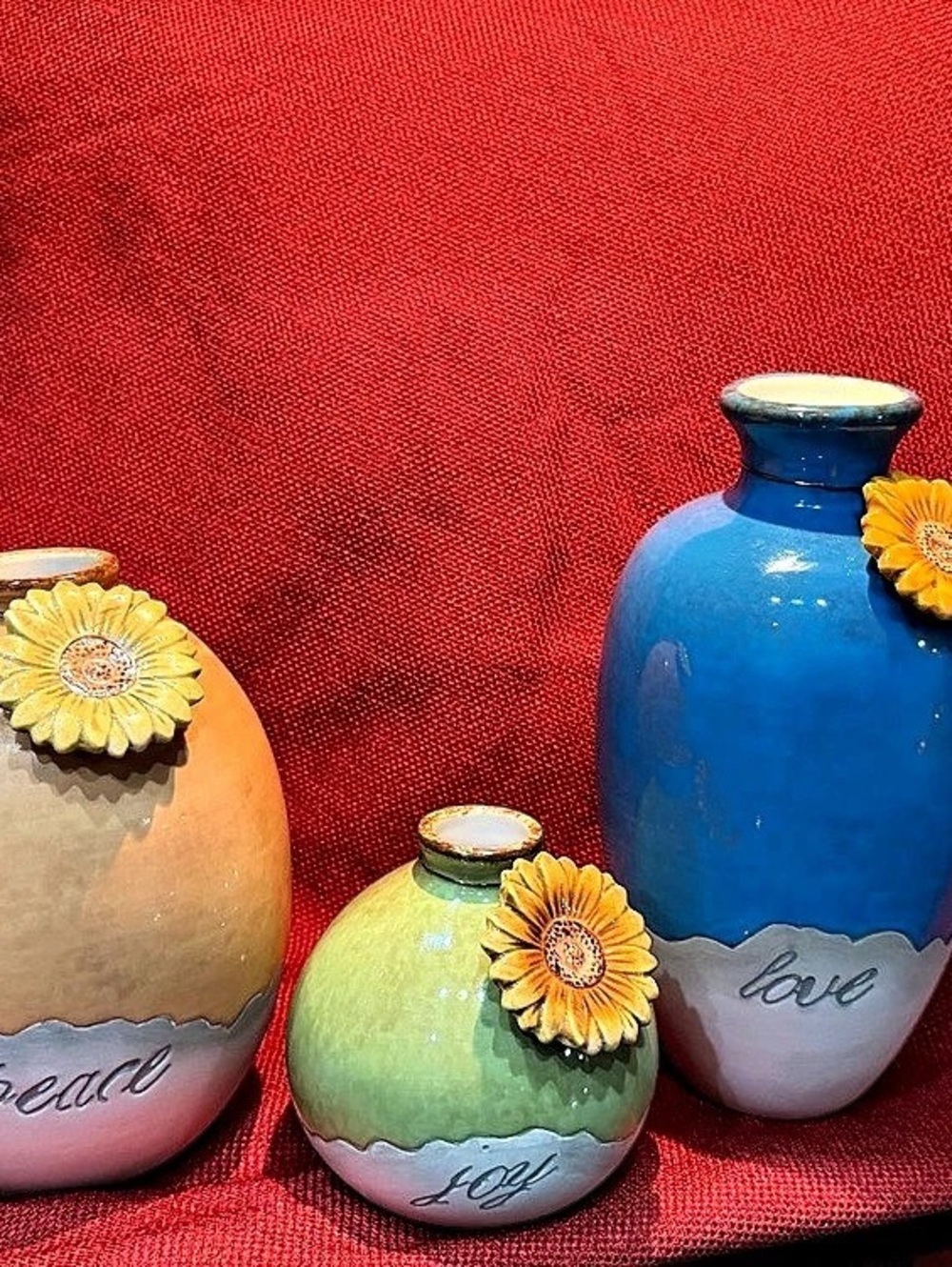 Grasslands Road Indian Summer Ceramic Bud Vases Set of 3 Peace Joy Love Sunflowe